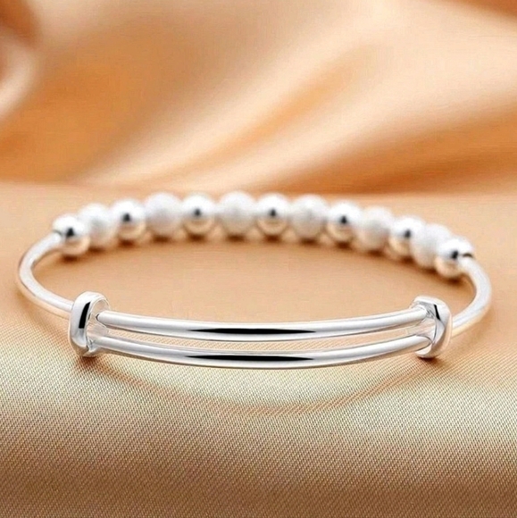 Silver Beaded Bangle Bracelet Adjustable Loose Fit Elegant Dainty Bracelets - Picture 16 of 16